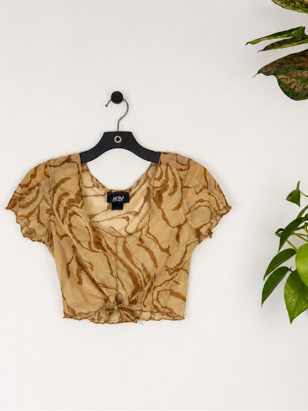 Just Polly New York Brown Marble Abstract Print Mesh Crop Top Size Medium